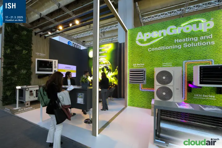 ApenGroup warm air heaters and meeting counter seen from the aisle at ISH 2025
