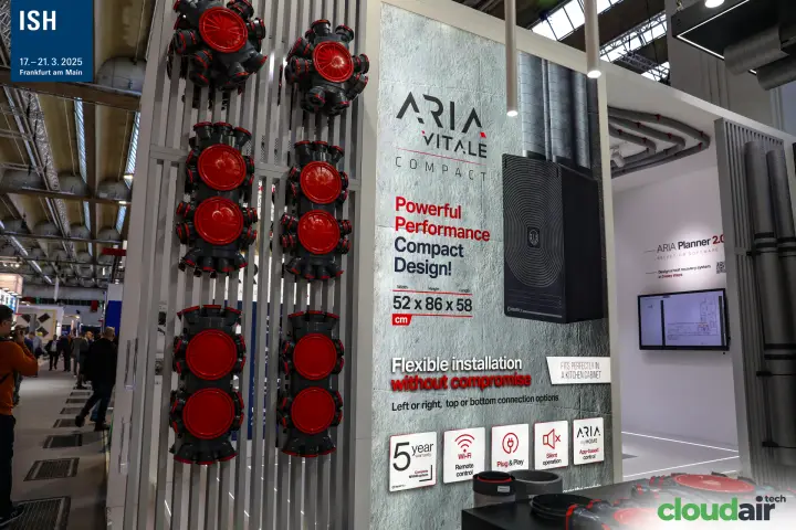 ARIA Vitale Compact heat recovery unit wall with stacked distribution boxes at ISH 2025