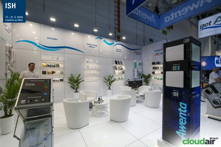 Awenta lounge with technical catalogue stand and blue hanging sign
