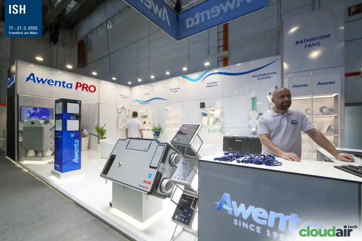 Awenta PRO stand with display column and grilles on white shelves