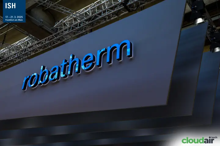 Backlit robatherm lettering on the stand's dark angled fascia at ISH 2025
