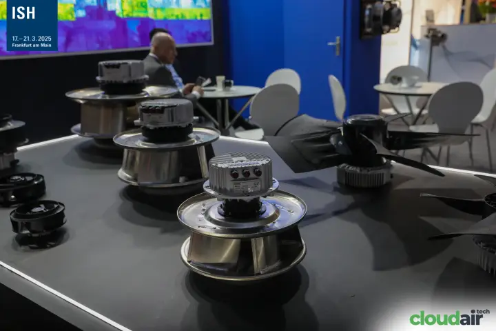 Bayoung plug fans and axial impellers on an illuminated display table at ISH 2025