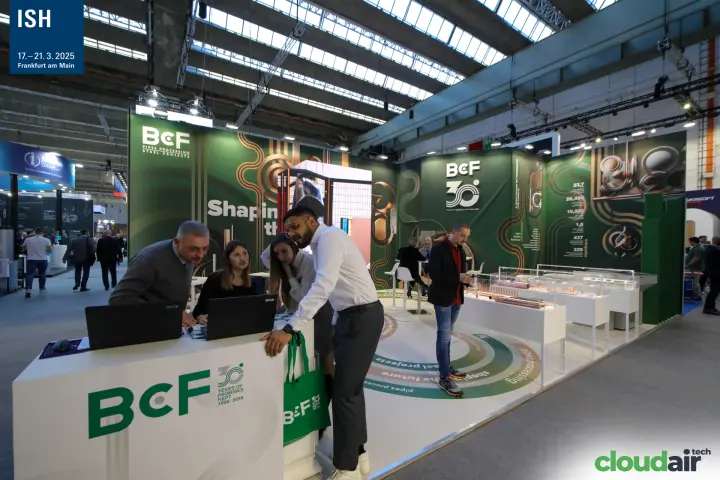BcF stand marking 30 years of pipe processing with copper components on show at ISH 2025