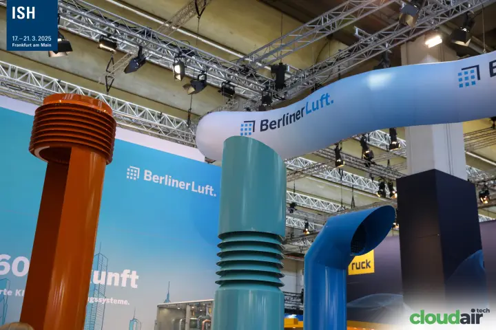 BerlinerLuft inflatable duct sculpture above coloured exhaust stacks at ISH 2025