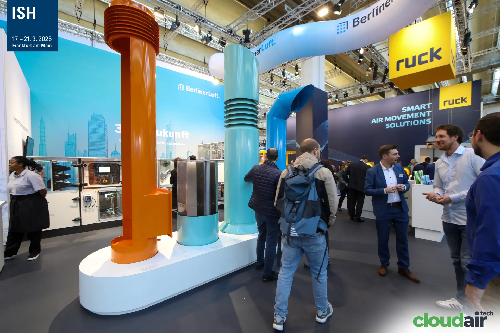 BerlinerLuft roof outlet sculptures with air handling unit and control panel behind at ISH 2025