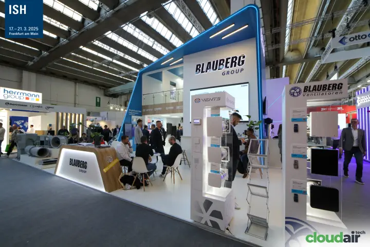 Blauberg Group stand with Vents and Blauberg Ventilatoren display towers at ISH 2025