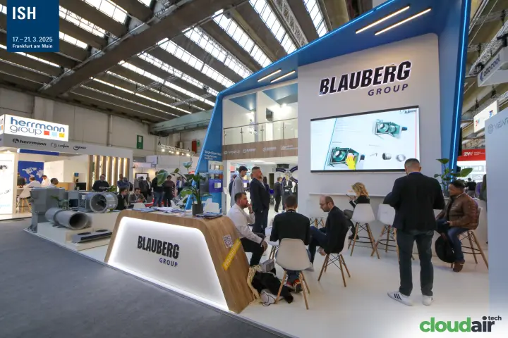 Blauberg Group stand with wooden reception and fan video wall at ISH 2025