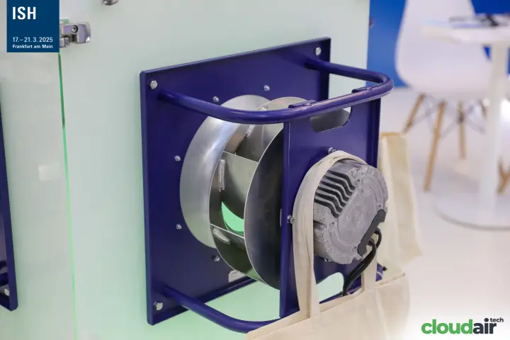 Blauberg Motoren plug fan with die-cast motor on a blue mounting frame at ISH 2025