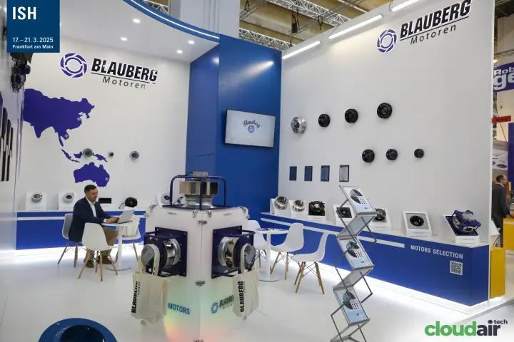 Blauberg Motoren stand with EC motors wall and central plug-fan cube at ISH 2025