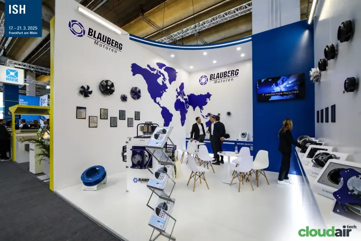Blauberg Motoren world map wall and screen reading "7 Production Facilities" at ISH 2025