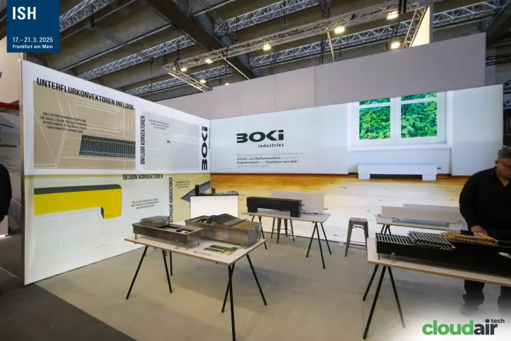 Boki Industries stand with trench and design convectors on display tables at ISH 2025