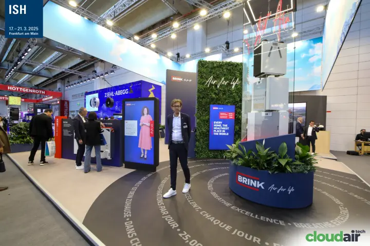 Brink "Air for life" stand with green wall and unit display tower at ISH 2025