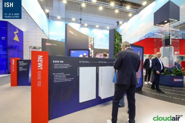 Brink EASE 100 compact heat recovery units shown in-wall and on-wall at ISH 2025