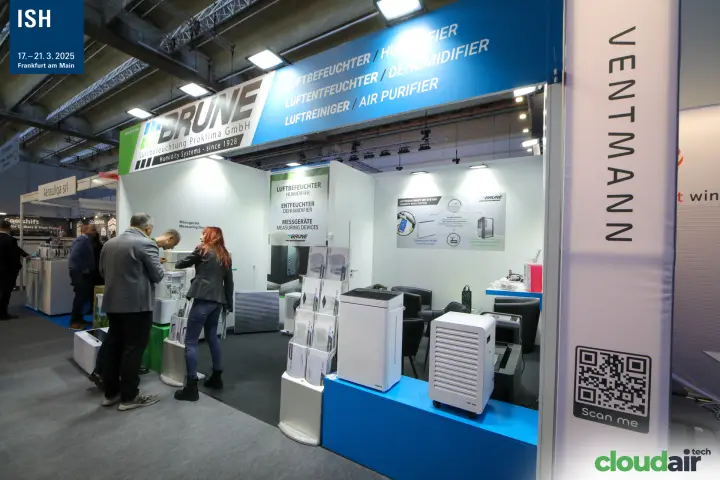 Brune dehumidifiers and air purifiers beside the Ventmann column at ISH 2025
