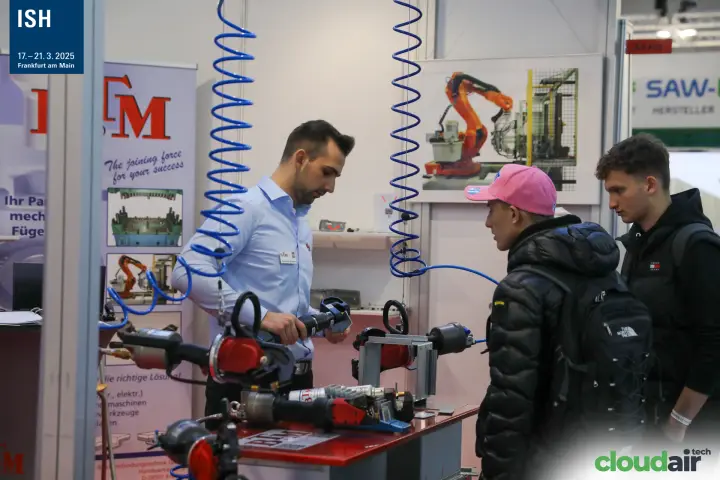 BTM stand with pneumatic sheet-metal joining tools on a red counter at ISH 2025
