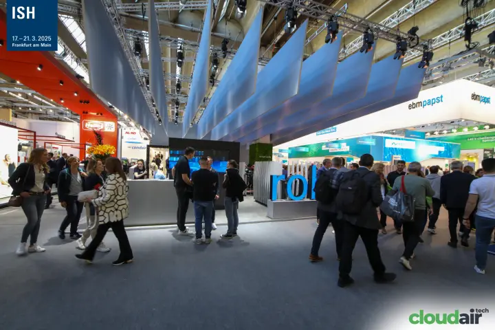 Busy aisle between the Robatherm stand and the ebm-papst stand at ISH 2025