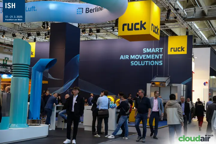 Busy aisle by Ruck stand with hanging cube and BerlinerLuft stacks at ISH 2025