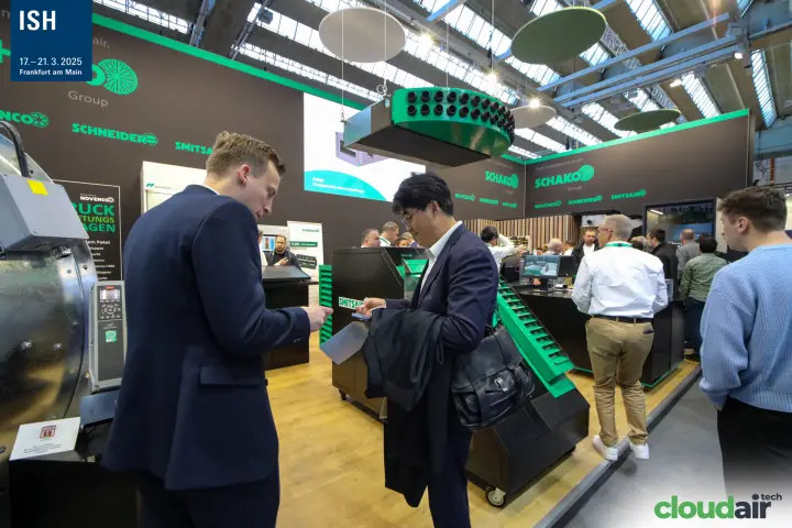 Busy Schako Group stand with Smitsair smoke vent and Novenco fan drive at ISH 2025