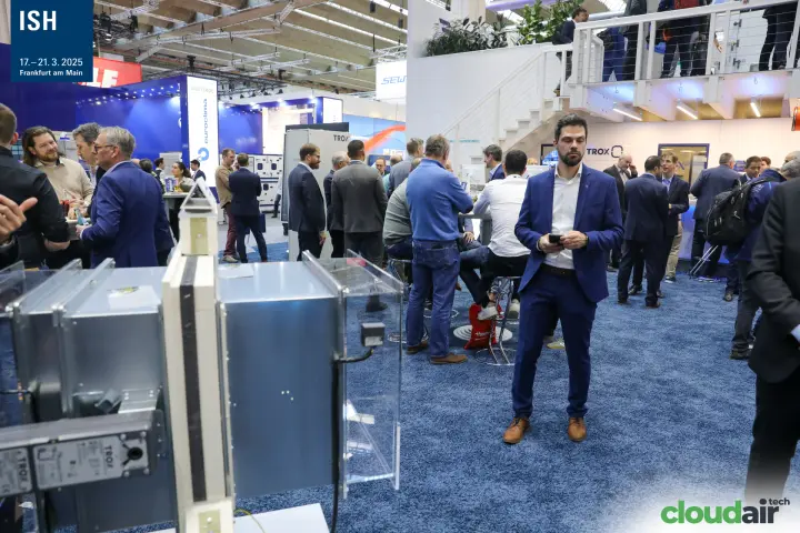Busy TROX stand with dampers in front and blue carpet at ISH 2025
