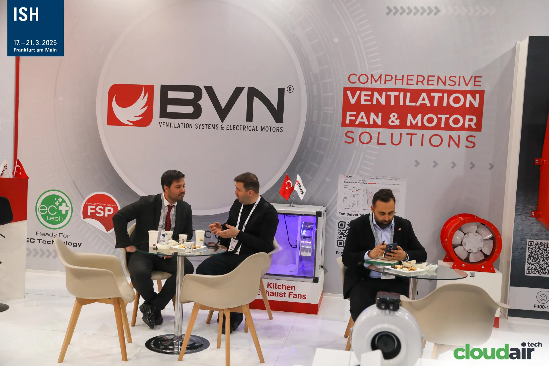 BVN meeting area with kitchen exhaust fan cabinet and red axial fan at ISH 2025