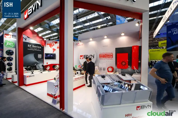 BVN stand corner with a clear-top HRV unit and red fan units at ISH 2025