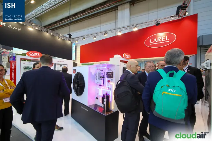 Carel heat pump cutaway with illuminated refrigerant circuit at ISH 2025