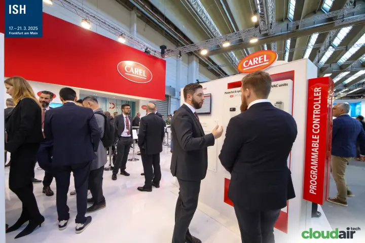 Carel programmable controller display amid a crowded stand at ISH 2025