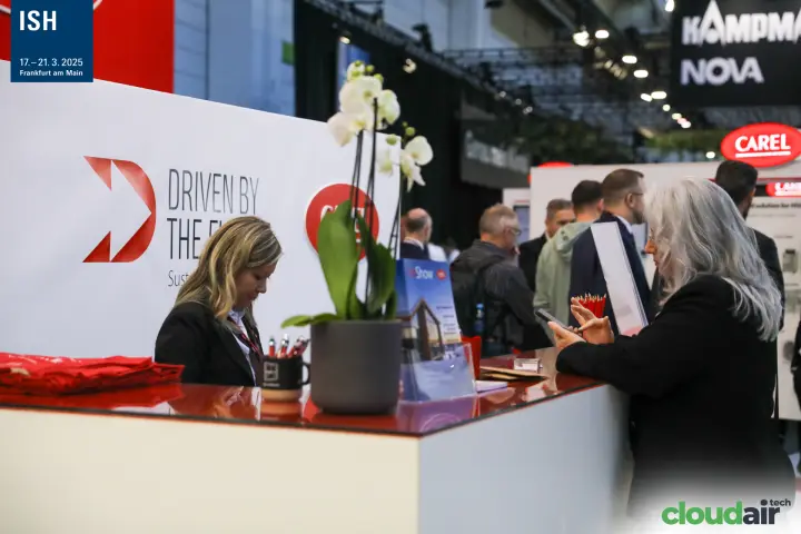 Carel reception counter with the Driven by the Future graphic at ISH 2025