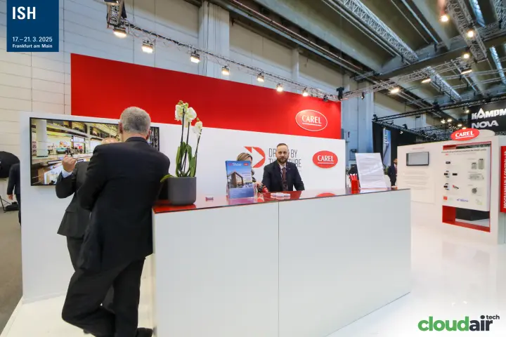 Carel reception counter under red fascia with controller display at ISH 2025
