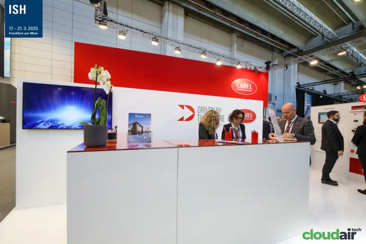 Carel reception desk with "Driven by the future" wall and screen at ISH 2025
