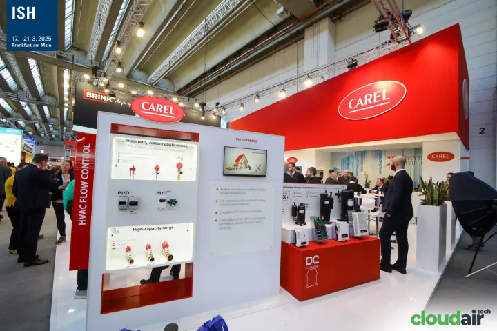 Carel stand with expansion valves and DC compressor display at ISH 2025