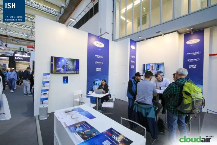 Carrier stand with Profroid, Celsior and Green & Cool brand banners at ISH 2025