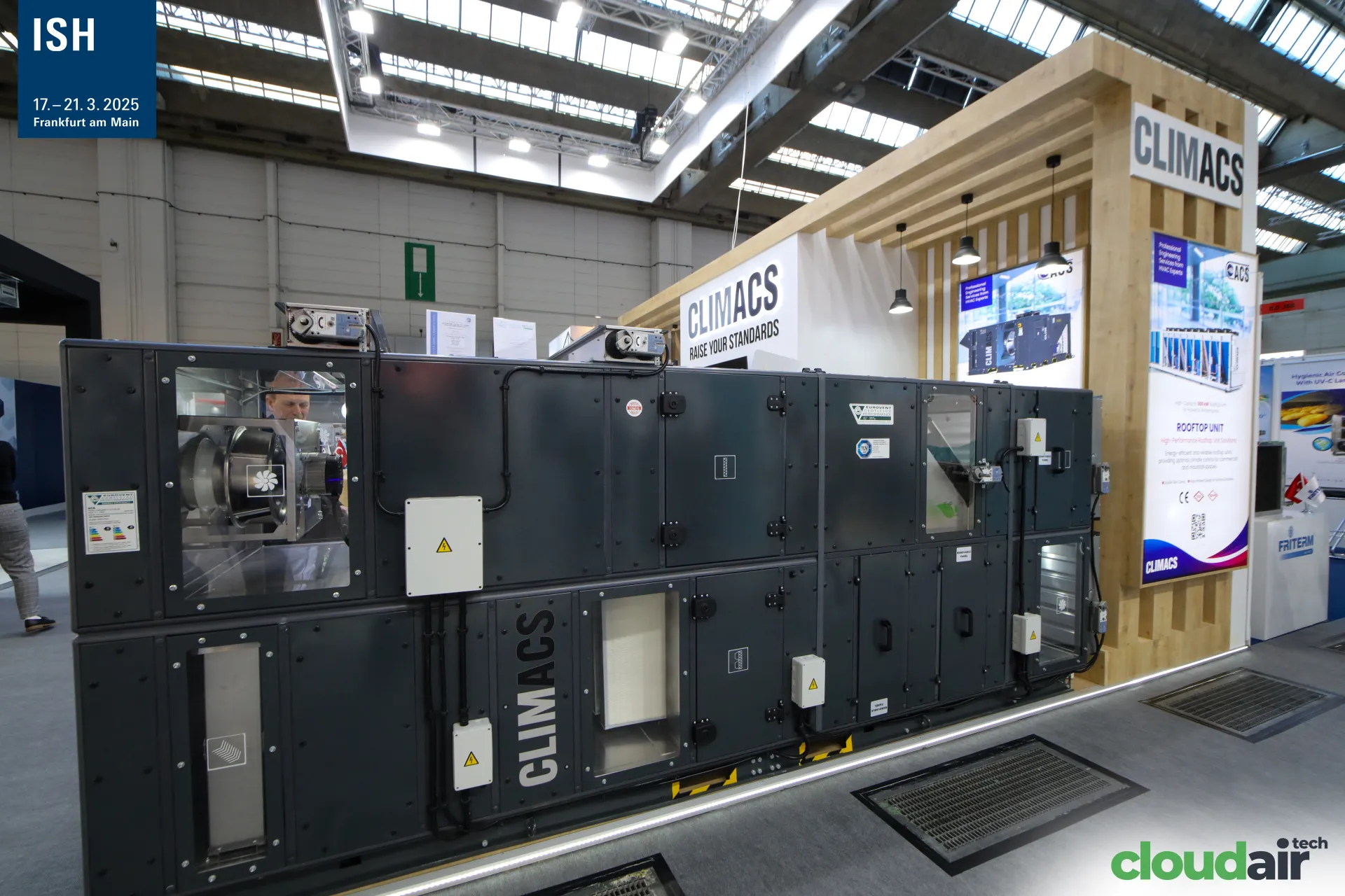 Climacs air handling unit with glazed fan section and rooftop unit poster at ISH 2025