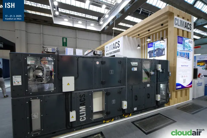 Climacs air handling unit with glazed fan section and rooftop unit poster at ISH 2025