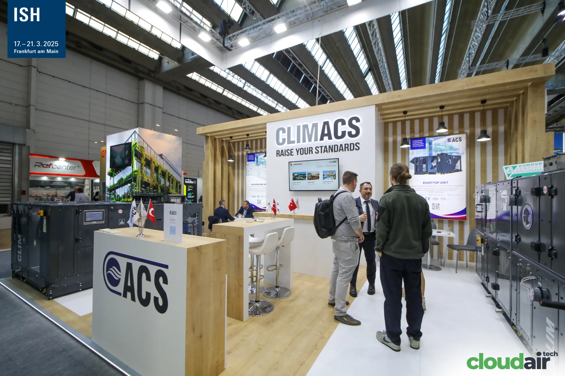 Climacs stand with ACS air handling units and rooftop unit poster at ISH 2025