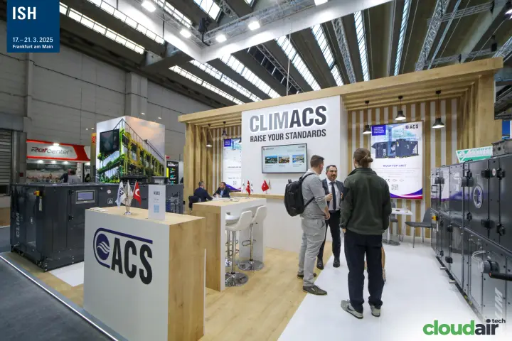 Climacs stand with ACS air handling units and rooftop unit poster at ISH 2025
