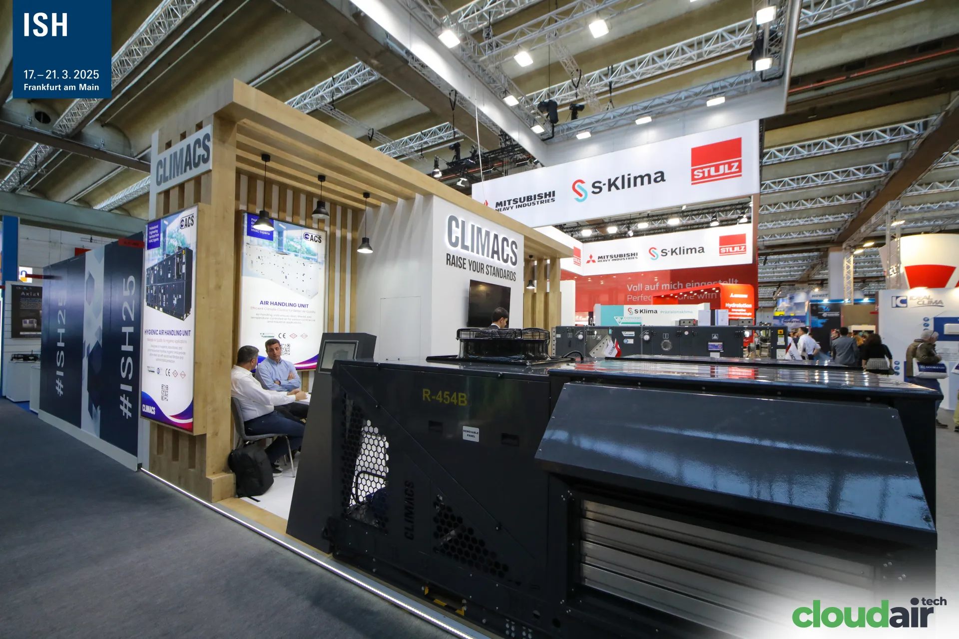 Climacs stand with R-454B packaged unit and hygienic AHU posters at ISH 2025
