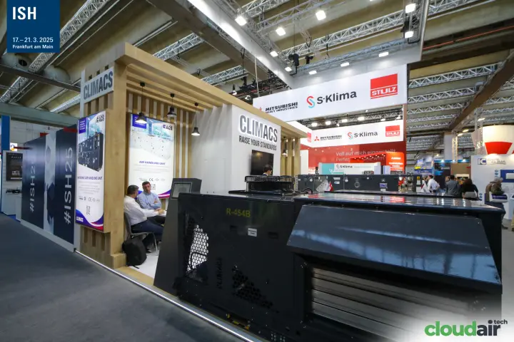 Climacs stand with R-454B packaged unit and hygienic AHU posters at ISH 2025