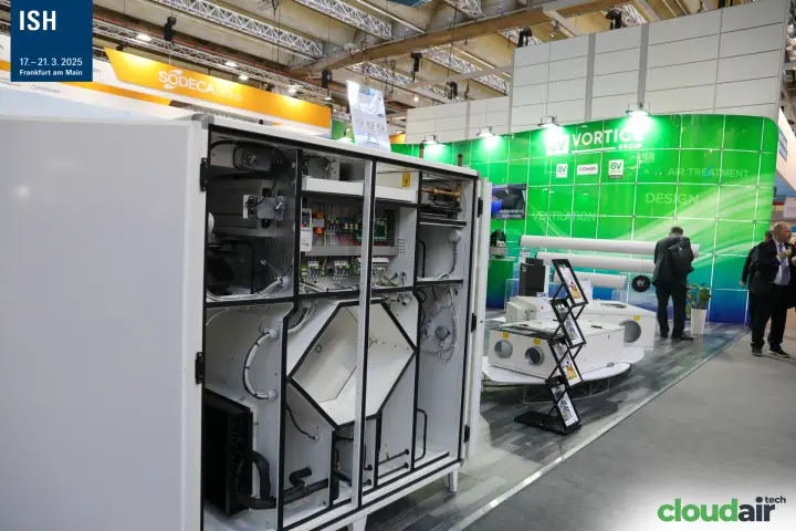 Close view of the open heat recovery unit's controls and exchanger at ISH 2025