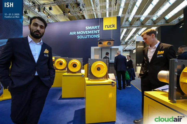 Close view of Ruck staff and impellers on yellow plinths at ISH 2025