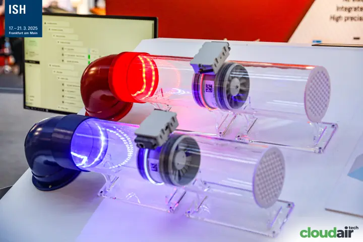Compact duct fans in clear tubes with red and blue LED rings