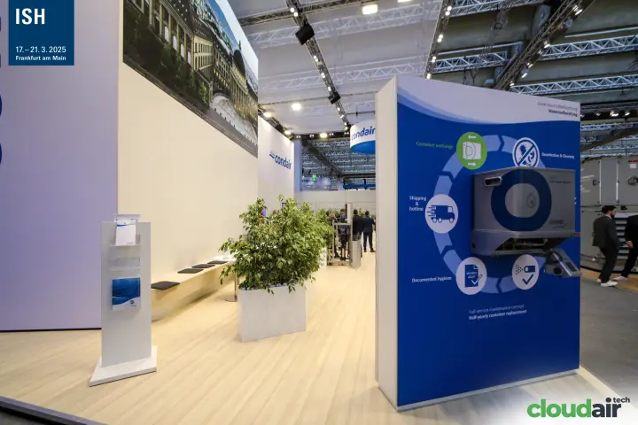 Condair pure water container display for direct room humidification at ISH 2025