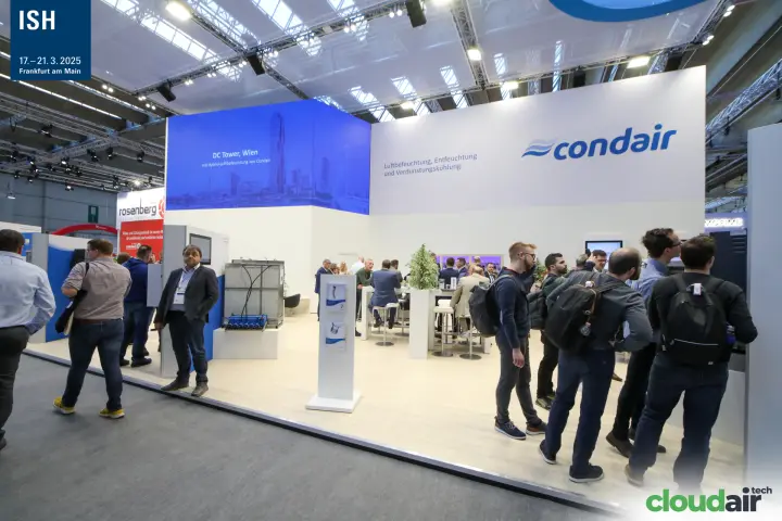Condair stand with DC Tower Wien reference on blue LED wall at ISH 2025