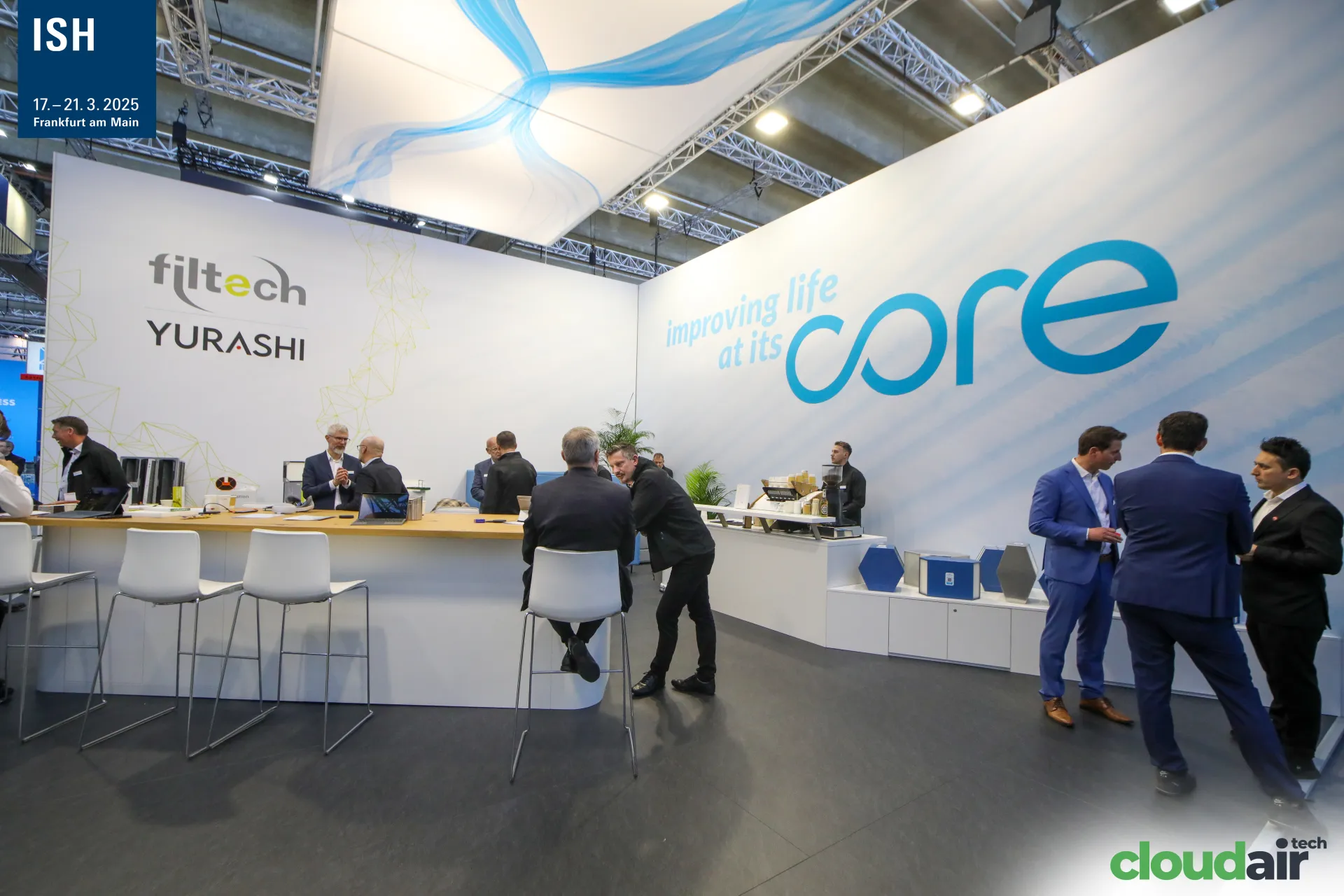 Core, Filtech and Yurashi shared stand with long meeting bar at ISH 2025