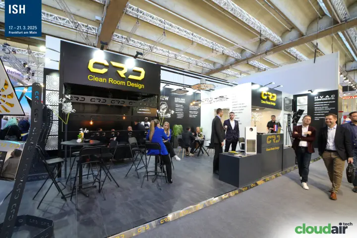 CRD stand with cleanroom component lists and seating area