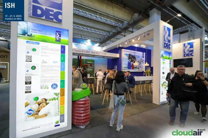DEC stand with Greendec flexible sound attenuator poster and red flexible ducts at ISH 2025