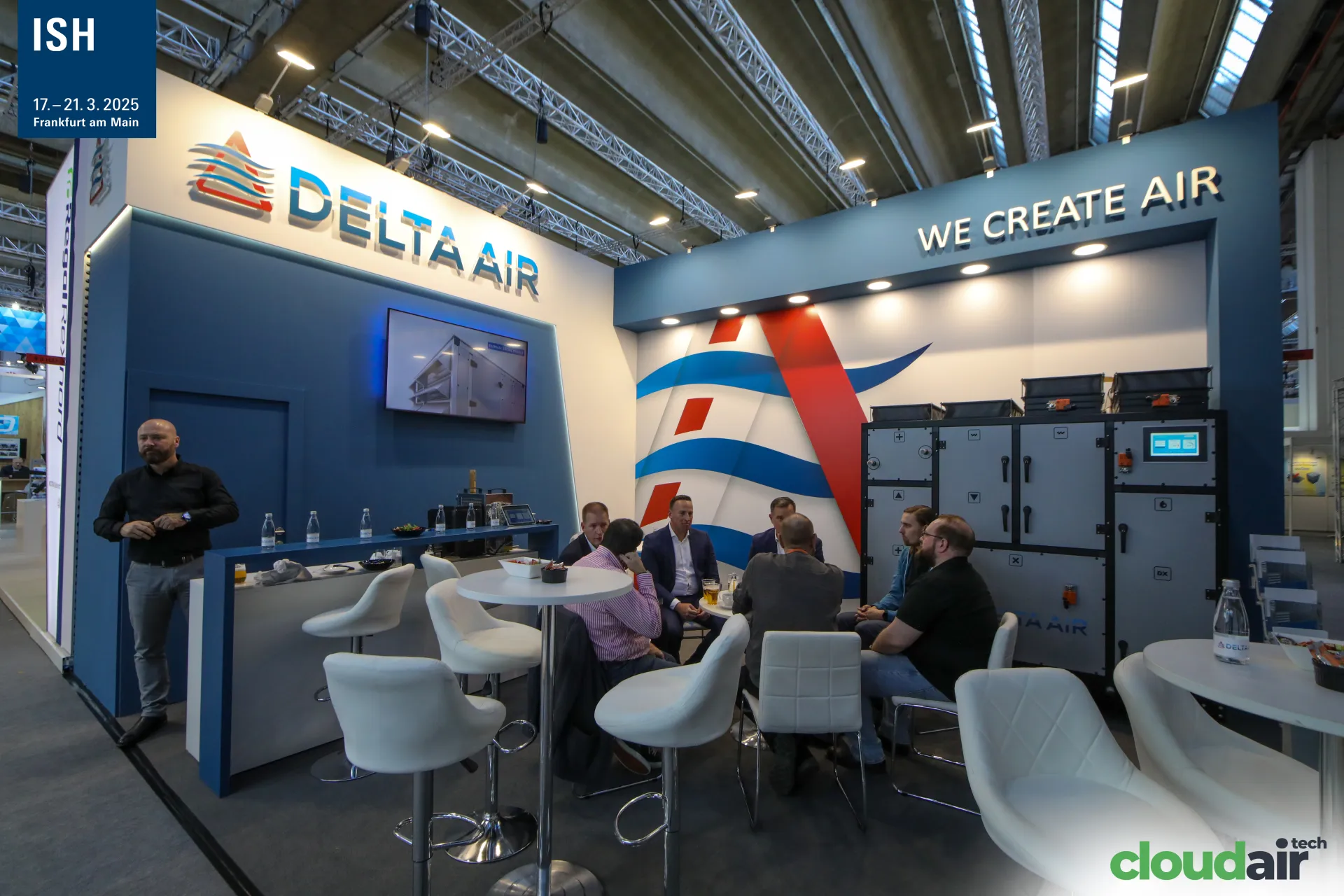 Delta Air stand with "We Create Air" wall and air handling unit at ISH 2025