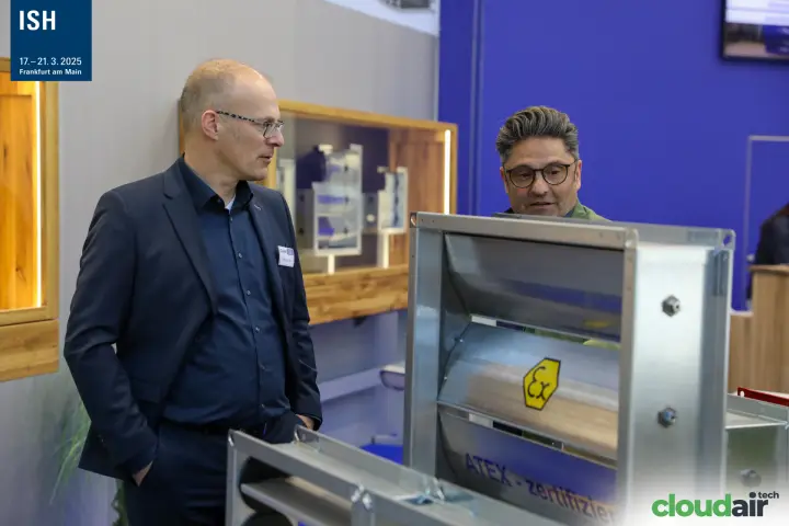 Discussion over an ATEX-marked galvanised damper on the Robert Geiger stand at ISH 2025