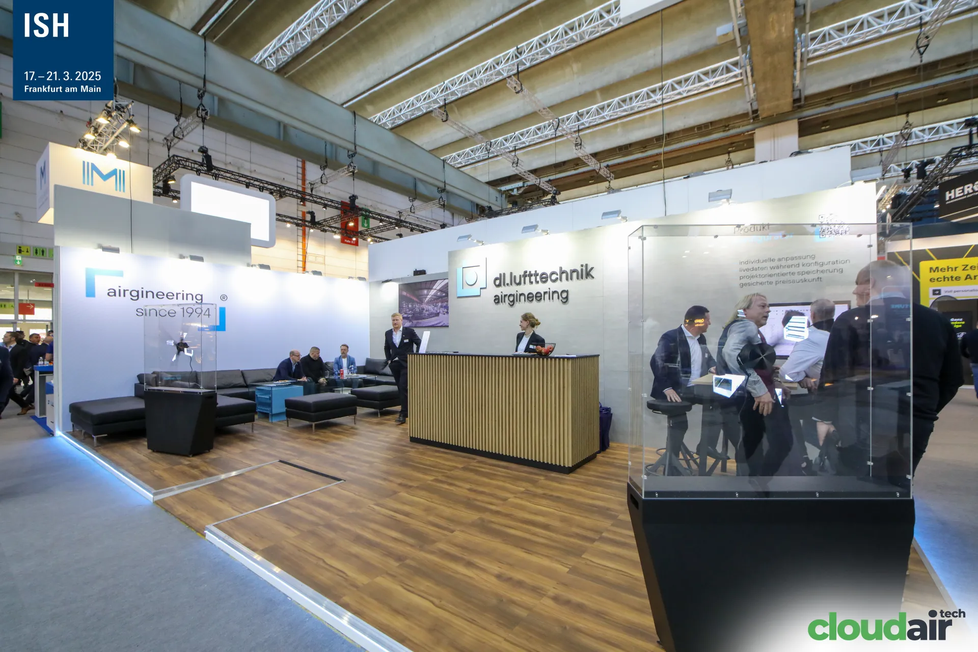 dl.lufttechnik stand with "airgineering since 1994" wall and reception at ISH 2025