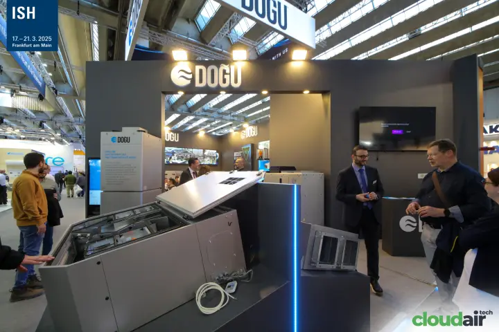 Doğu heat recovery unit with raised lid and Home-HW cabinet behind at ISH 2025